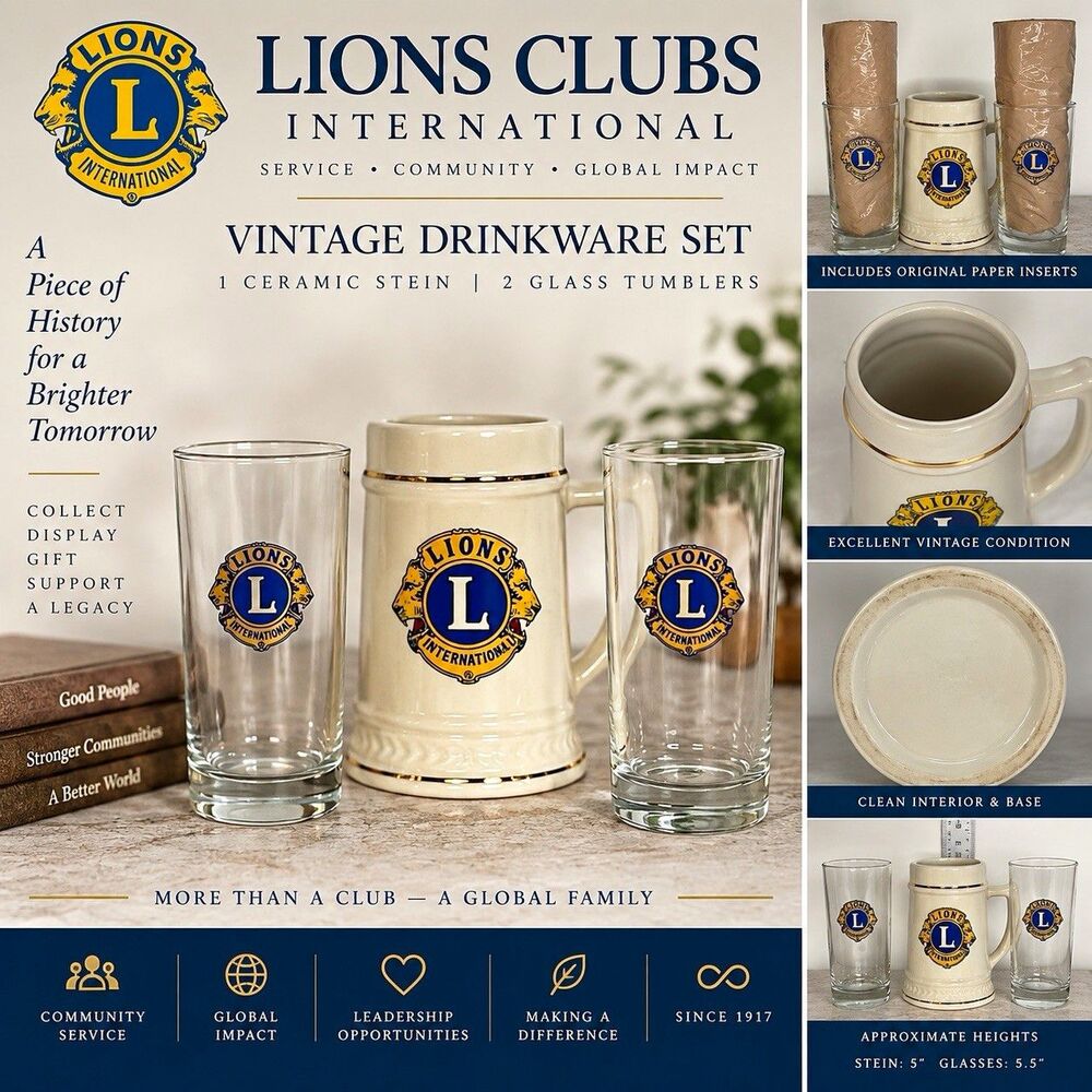 Vintage Lions Clubs International Beer Stein & 2 Drinking Glasses 3 Piece Set